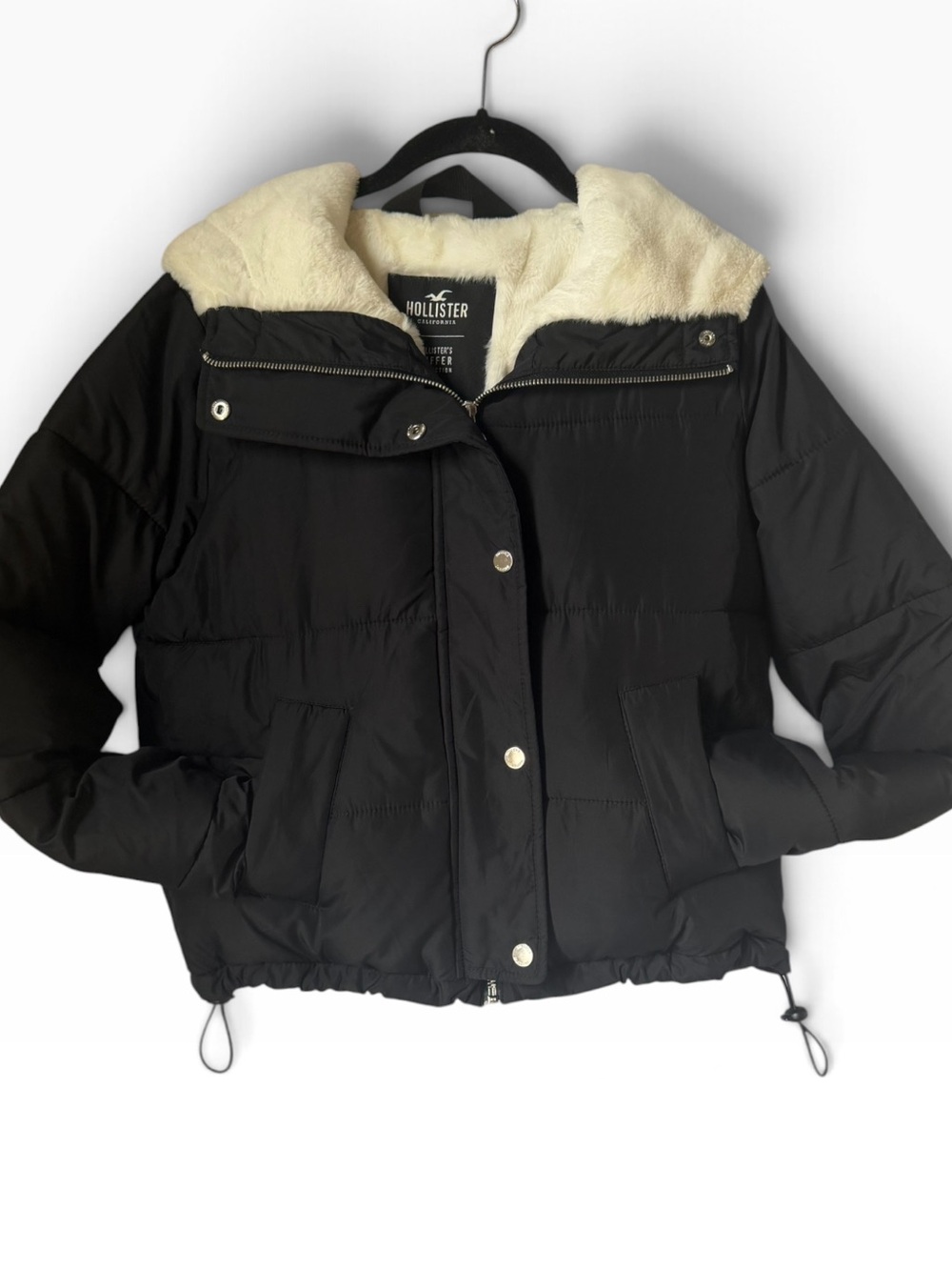 Hollister Ultimate Black Puffer Jacket Faux Fur Cream Sherpa Hood Coat Winter - Picture 3 of 8